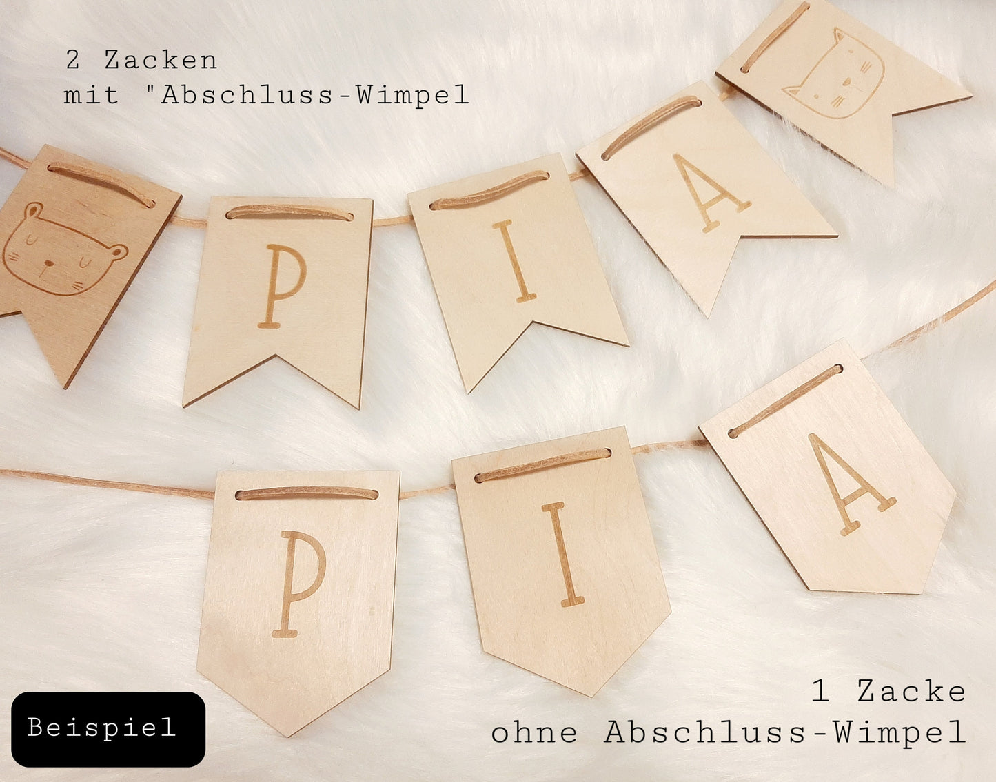 Wimpel Girlande personalisiert aus Holz - Namen Girlande mit Motiven - Holz Kette mit Lederband - Namensgirlande Fähnchen Wimpelkette Baby