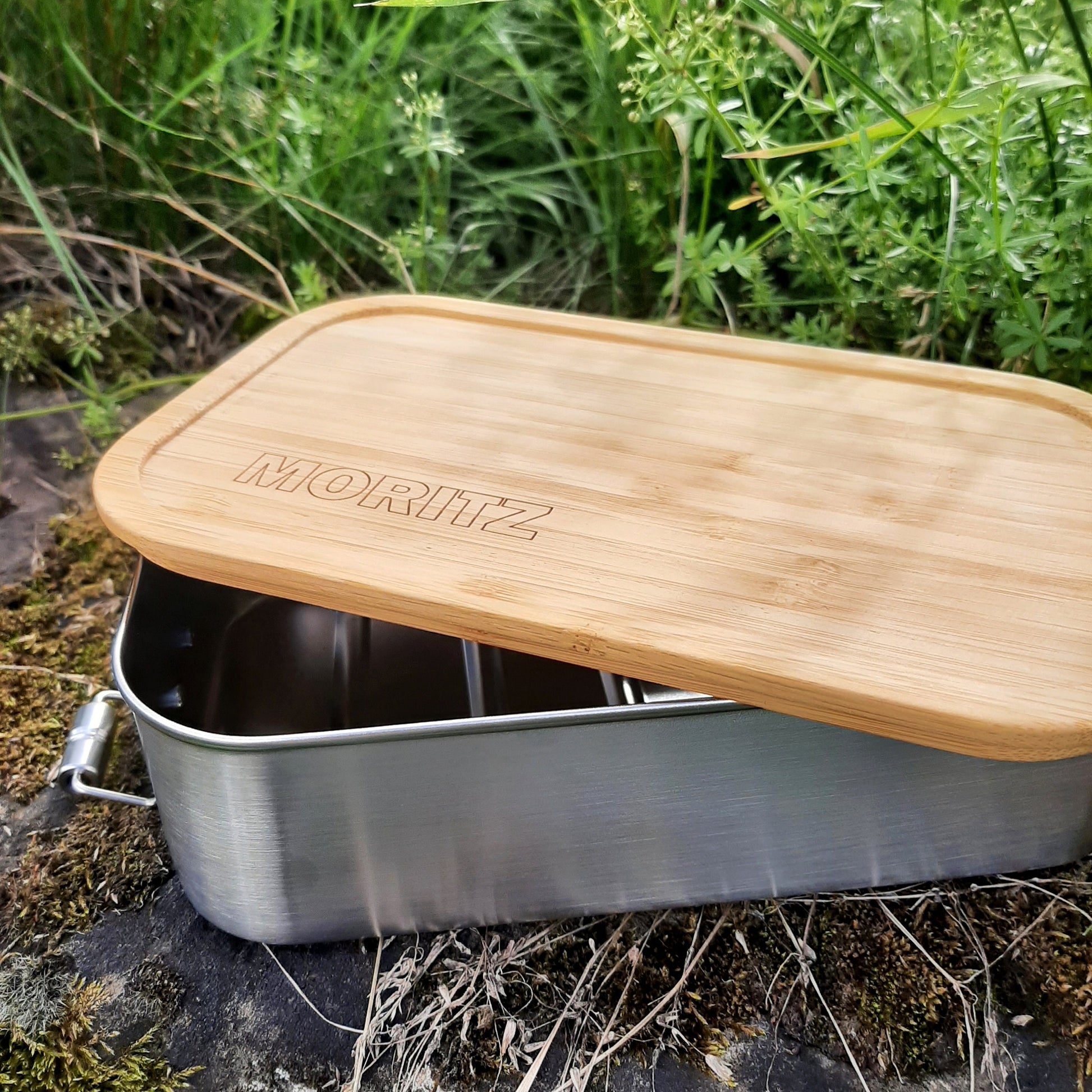 Bambus Lunchbox personalisiert minimalistisch, Vesperbox mit Namen, Wunschgravur Schneidebrett Bambus, Einschulungsgeschenk Pausenbox Schule