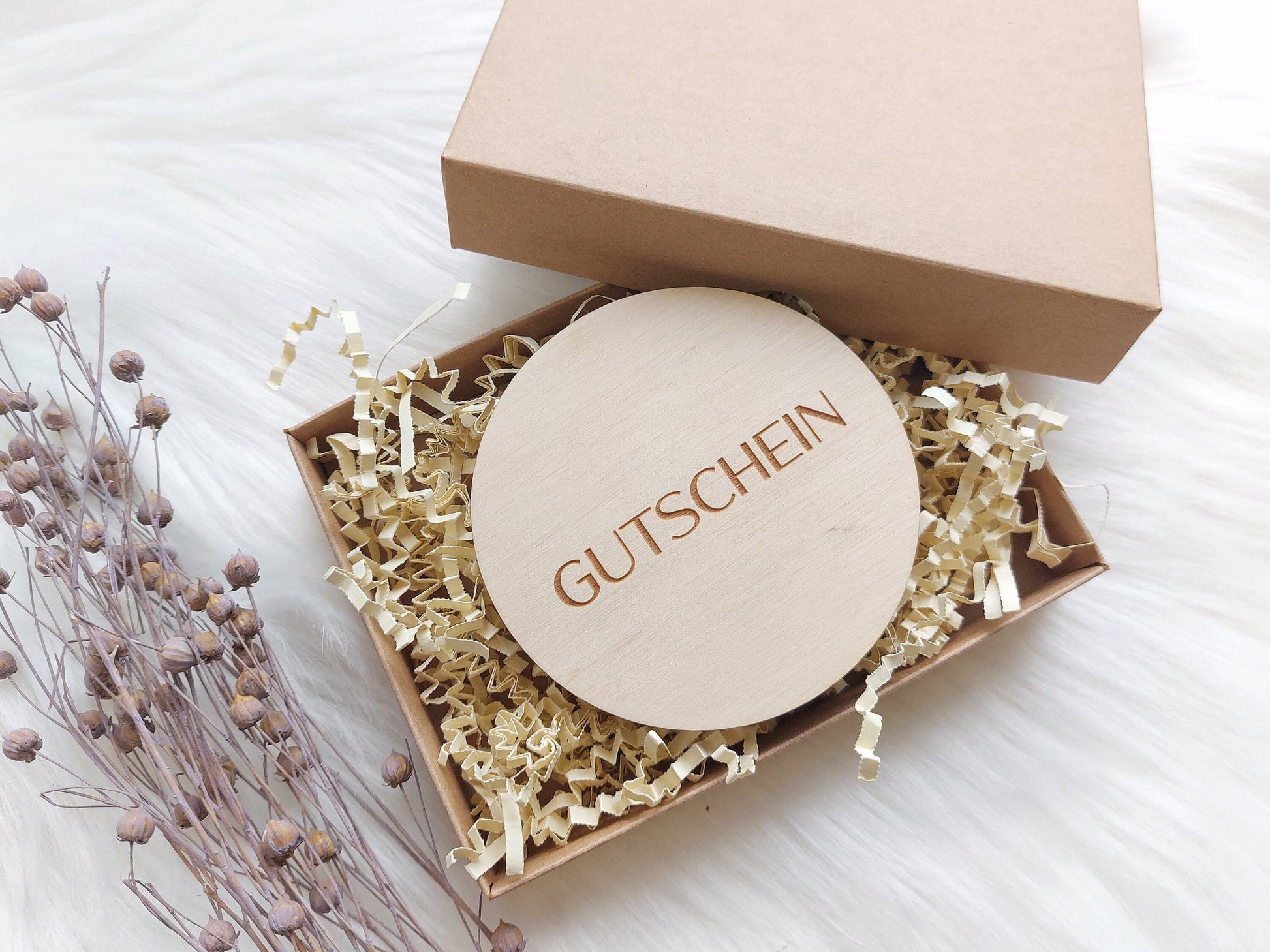 Holz Gutschein zum selbstbeschriften mit Geschenkbox | Geschenkgutschein mit Box | Personalisierte Geschenkbox | Herz | Stern | Kreis