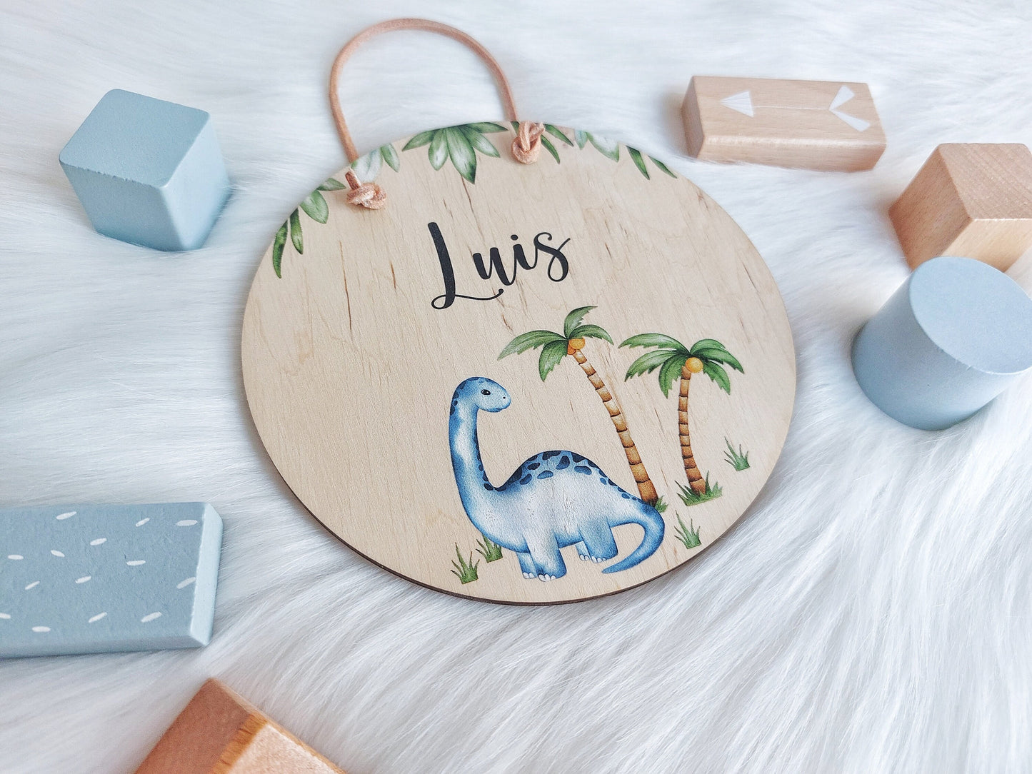 Holzschild Dino | Namensschild Dino Schild | Kinder Tier Türschild | Rund Größe 15 or 20 cm | Bedrucktes Schild | Namensschild Dinosaurier