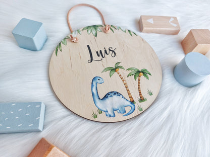 Holzschild Dino | Namensschild Dino Schild | Kinder Tier Türschild | Rund Größe 15 or 20 cm | Bedrucktes Schild | Namensschild Dinosaurier