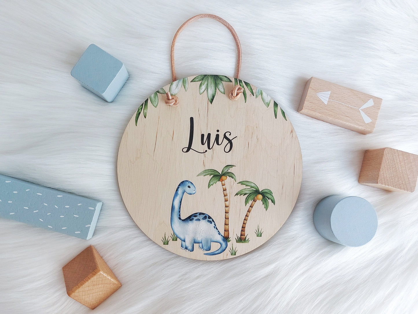 Holzschild Dino | Namensschild Dino Schild | Kinder Tier Türschild | Rund Größe 15 or 20 cm | Bedrucktes Schild | Namensschild Dinosaurier