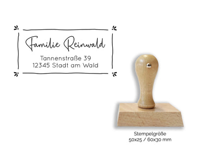 Adressstempel - Reinwald | Zierrahmen | personalisierter Familienstempel | Holzstempel Wunschadresse | Stempel Rechteckig 50x25mm / 60x30mm