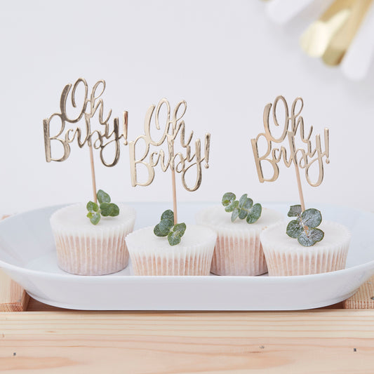 Oh Baby! Cupcake Topper | 12 Cake-ToppernGoldfolie | 13,5 x 7cm | Baby Party Muffin Dekoration Babyparty-Deko Newborn Party | Kuchenstecker