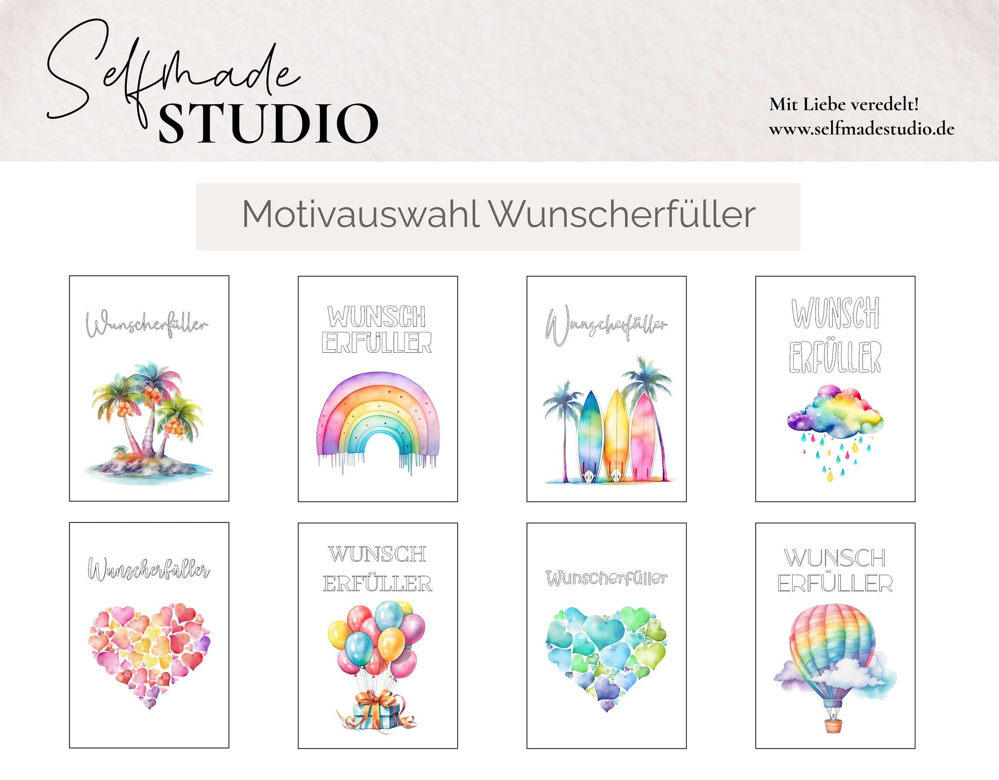 Geldgeschenk Aquarell - Wunscherfüller mit verschiedneen Motiven im Aquarell-Look: Insel, Regenbogen, Surfbrett, Wolke, Herz Rot, Luftballon, Herz Blau, Heißluftballon