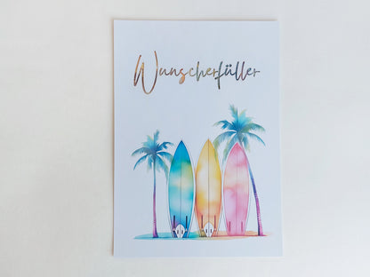 Geldgeschenk Aquarell - Wunscherfüller Surfbrett mit verschiedneen Motiven im Aquarell-Look: Insel, Regenbogen, Surfbrett, Wolke, Herz Rot, Luftballon, Herz Blau, Heißluftballon