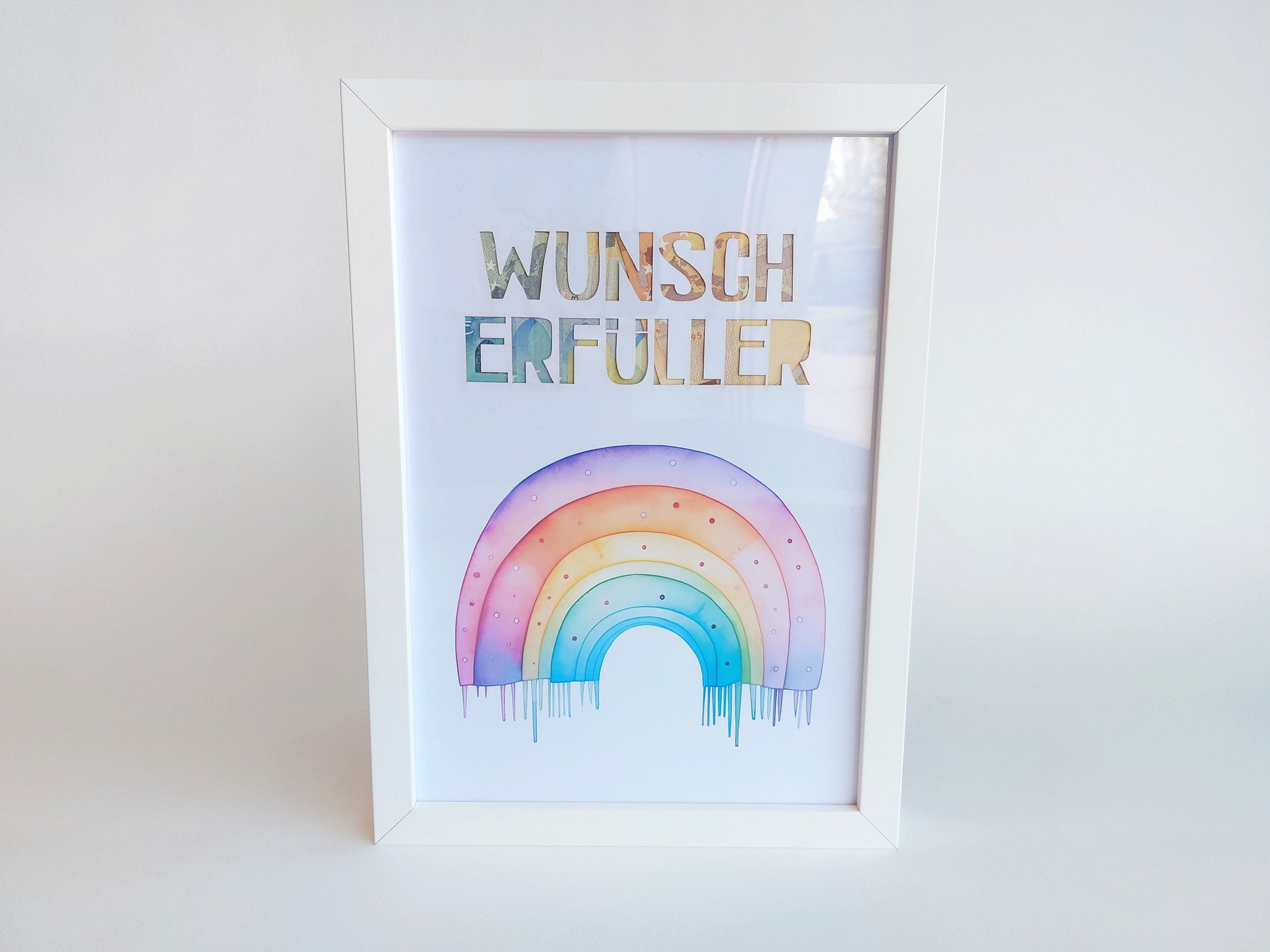 Geldgeschenk Aquarell - Wunscherfüller mit verschiedneen Motiven im Aquarell-Look mit Bilderrahmen: Insel, Regenbogen, Surfbrett, Wolke, Herz Rot, Luftballon, Herz Blau, Heißluftballon