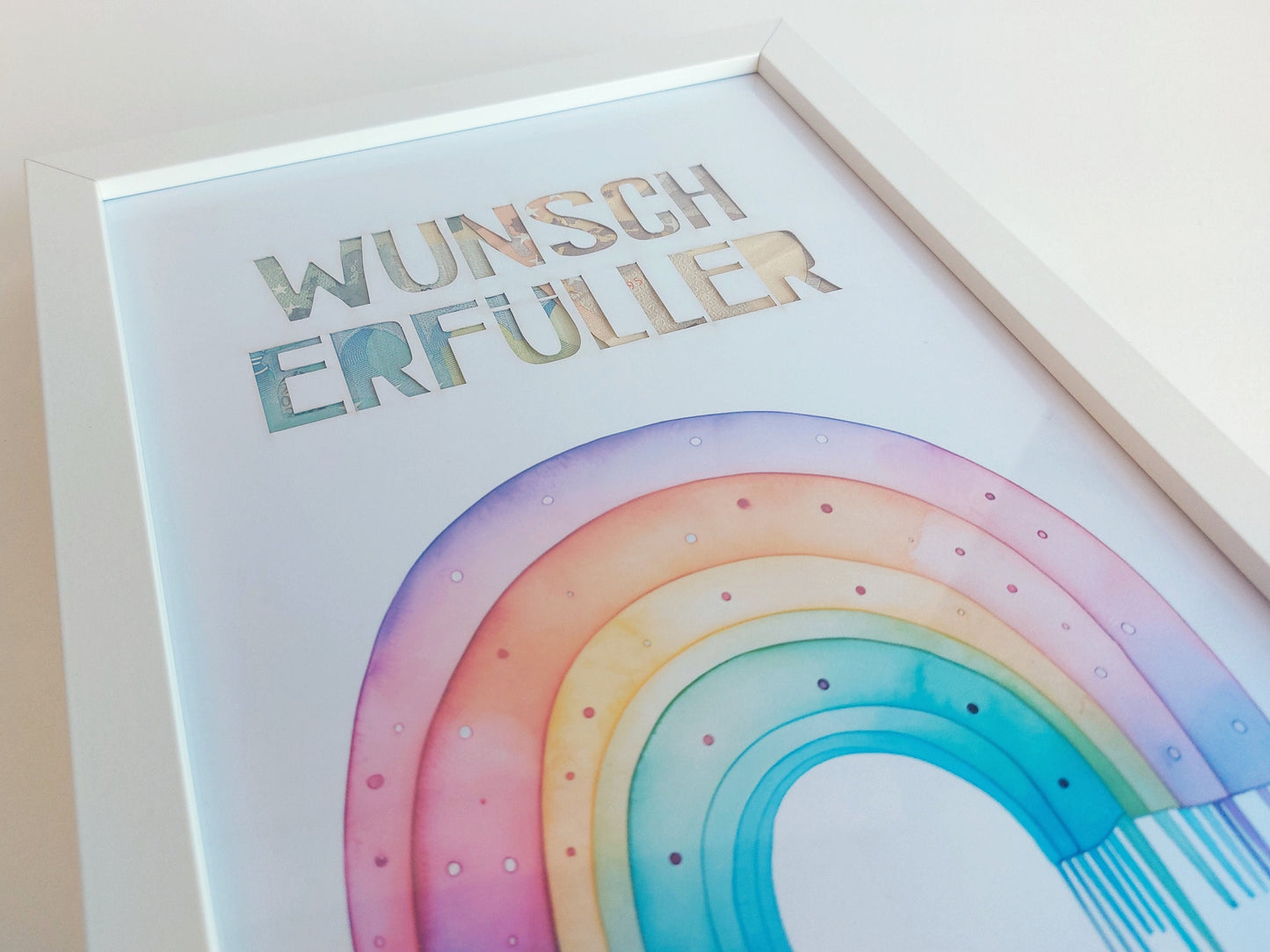 Geldgeschenk Aquarell - Wunscherfüller mit verschiedneen Motiven im Aquarell-Look mit Bilderrahmen: Insel, Regenbogen, Surfbrett, Wolke, Herz Rot, Luftballon, Herz Blau, Heißluftballon