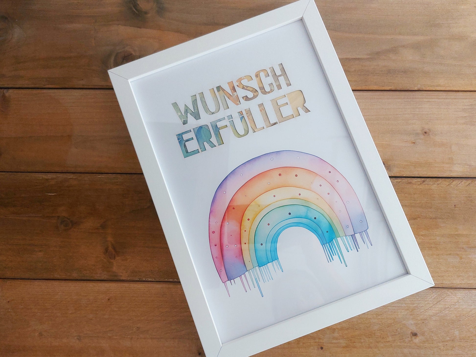 Geldgeschenk Aquarell - Wunscherfüller mit verschiedneen Motiven im Aquarell-Look mit Bilderrahmen: Insel, Regenbogen, Surfbrett, Wolke, Herz Rot, Luftballon, Herz Blau, Heißluftballon