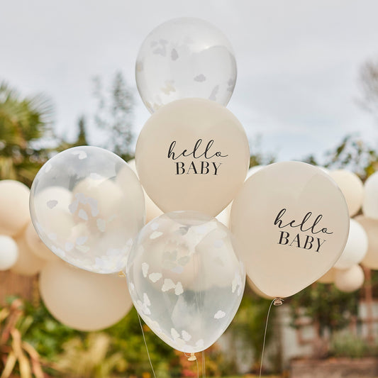 Hello Baby Taupe- & Wolken-Konfetti-Babyparty-Ballons Luftballons 5 Stück | Babyparty | große Konfettiballons | Hello Baby-Luftballons Deko