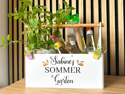 Metallkorb Sommergarten | Sommer Mitbringsel Biergarten Kräutergarten Wintergarten mit Name | Aufkleber oder Metallkiste | DIY Geschenkidee