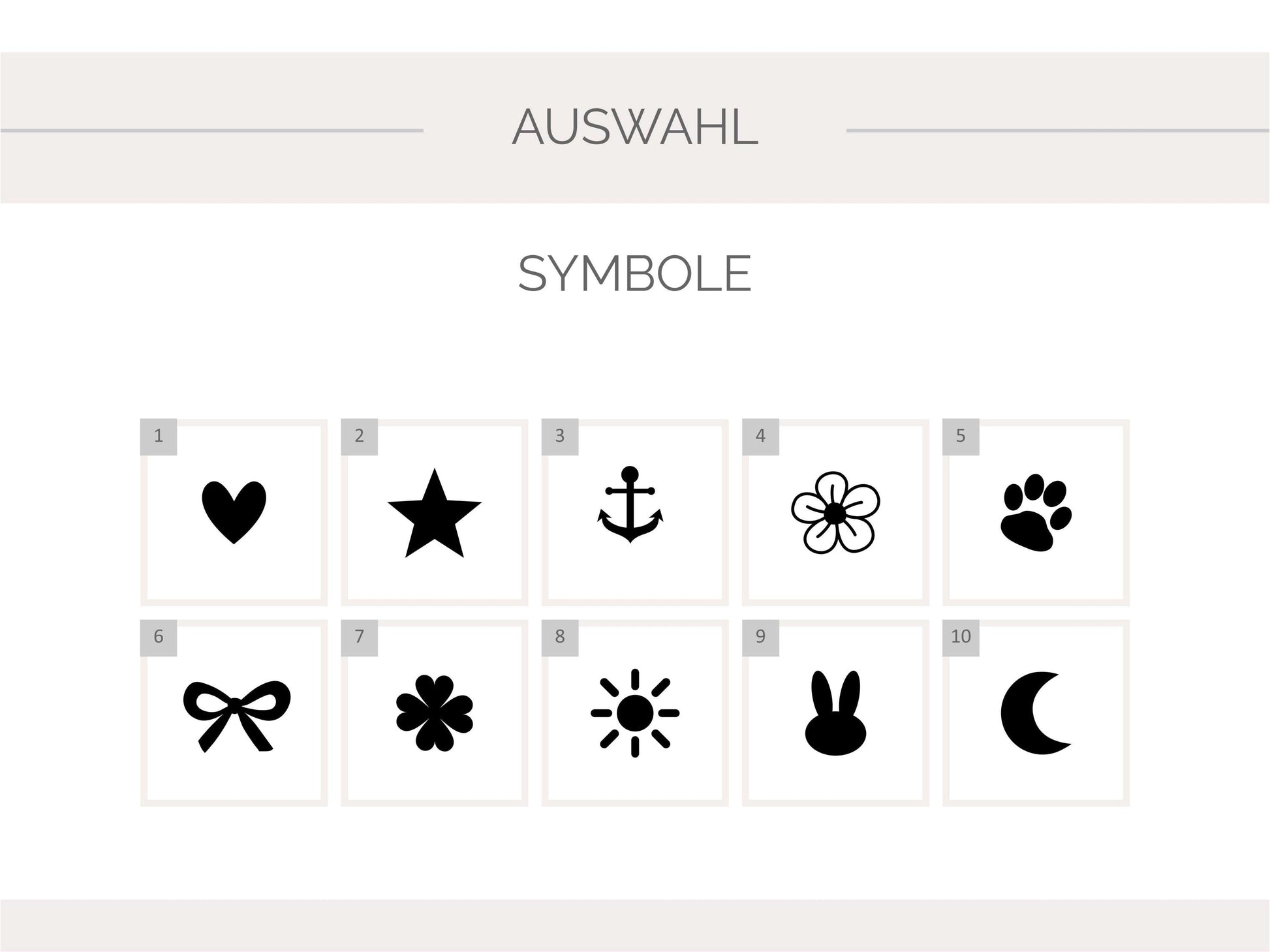 Auswahl der Symbole für deinen individuellen Stempel: Herz, Stern, Anker, Blume, Pfote, Schleife, Kleeblatt, Sonne, Hase, Mond